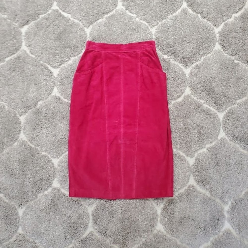 Vintage High Waist Red Suede Leather Skirt 8